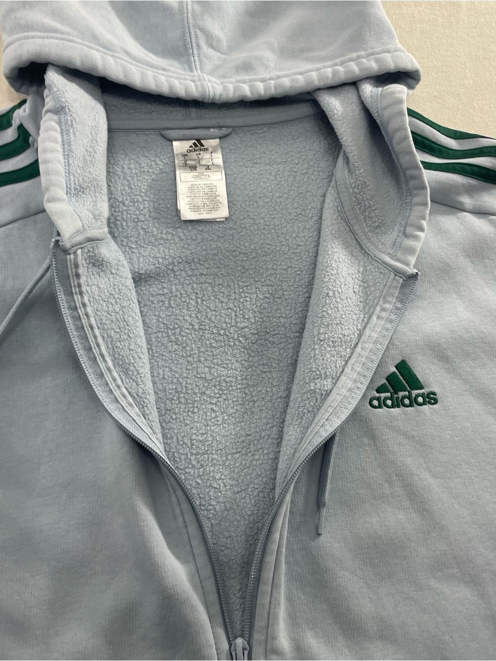 Adidas Hoodie Mens L Baby Blue Essentials 3 Stripes Full Zip Fleece Sweatshirt - Picture 4 of 10